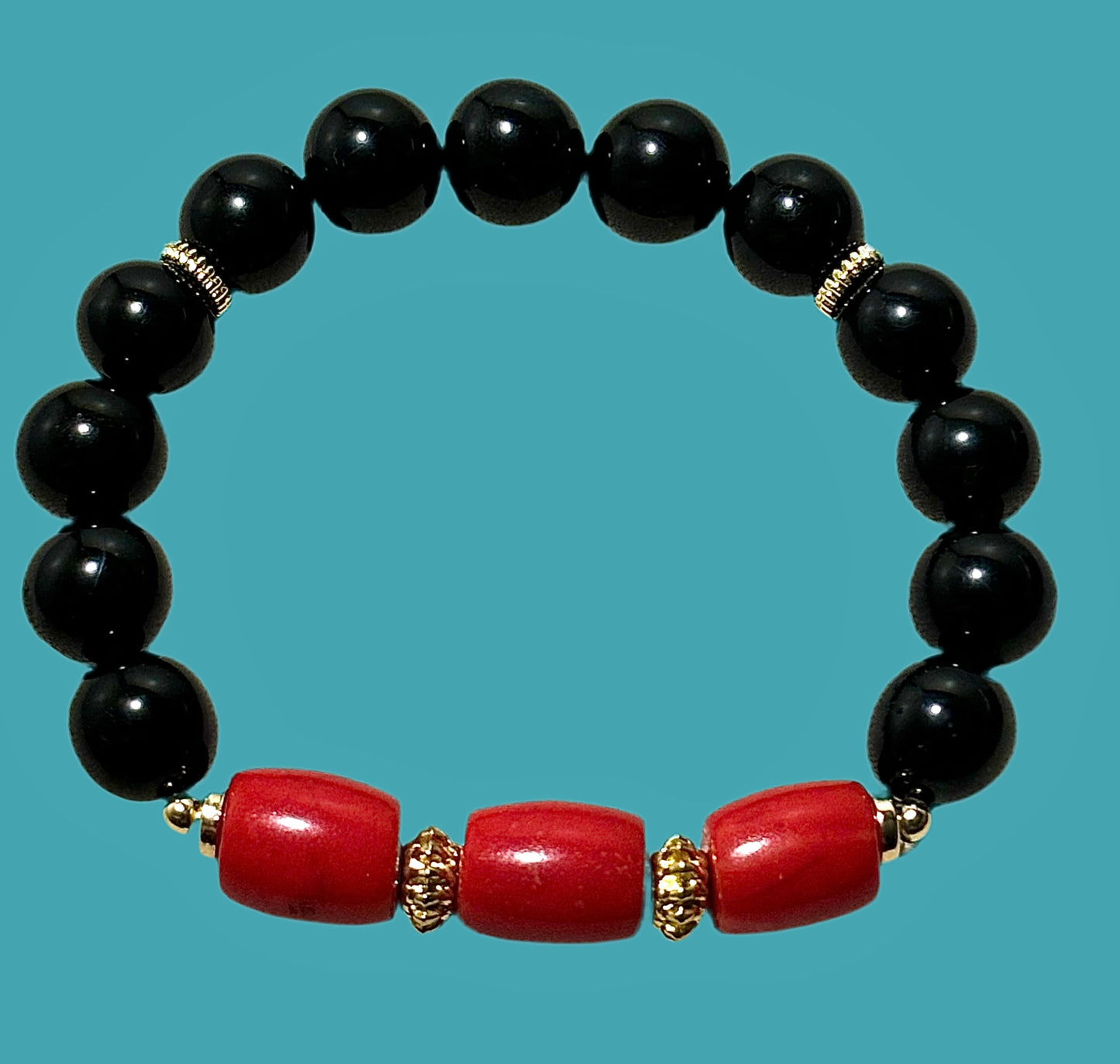 Black Tourmaline & Red Bamboo Coral Bracelet