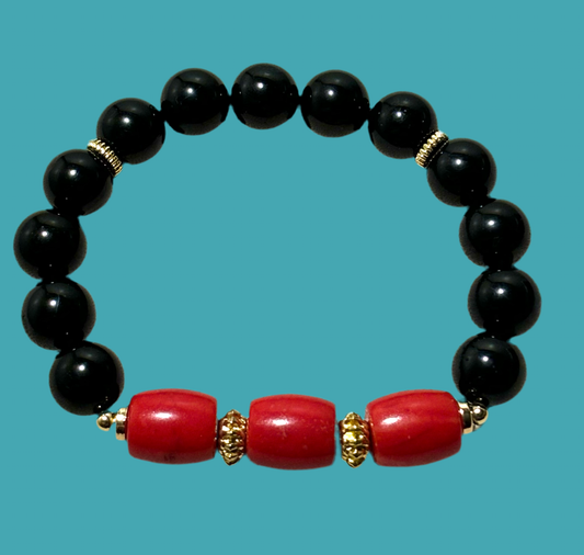 Black Tourmaline & Red Bamboo Coral Bracelet